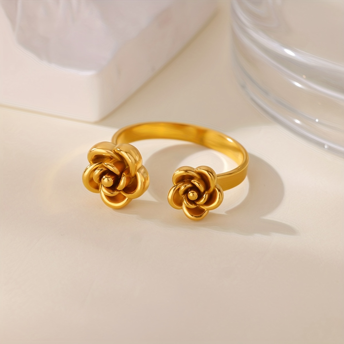 Stainless Steel Rose Flower Open Ring, Classic French Style